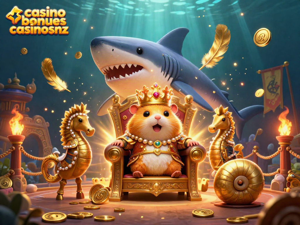 Experience thrilling casino bonuses casinosnz illustrated with a golden hamster king and lavish casino elements.