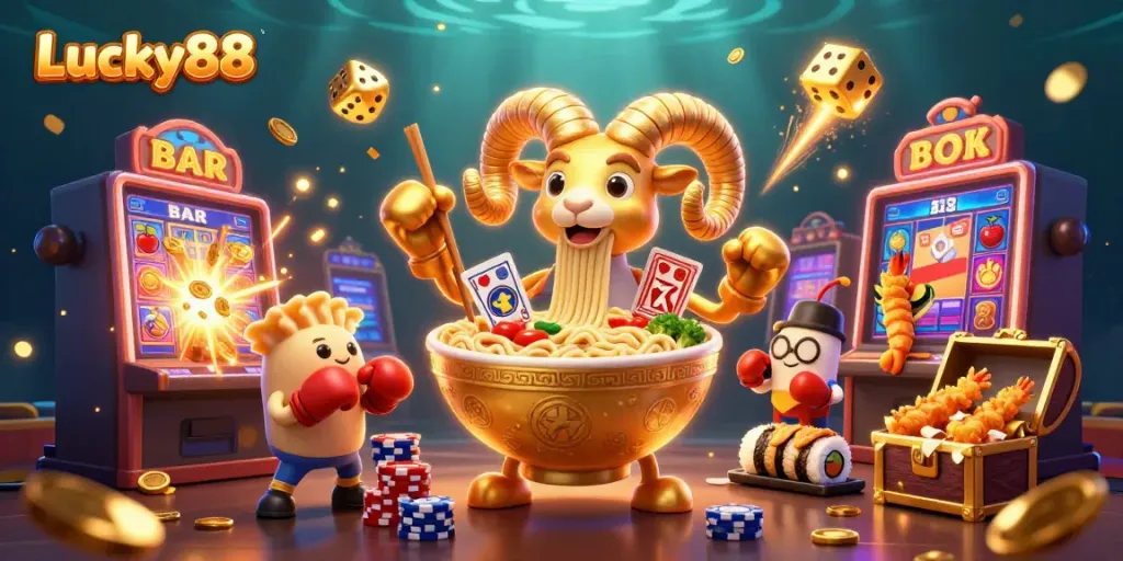 Experience the vibrant world of Lucky88 with a dynamic 3D casino illustration featuring games, characters, and exciting elements.