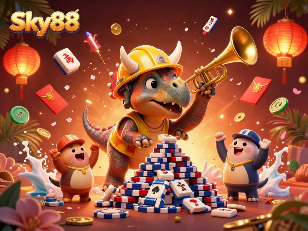 Sky88 platform showcasing a lively casino scene with vibrant characters and festive elements.